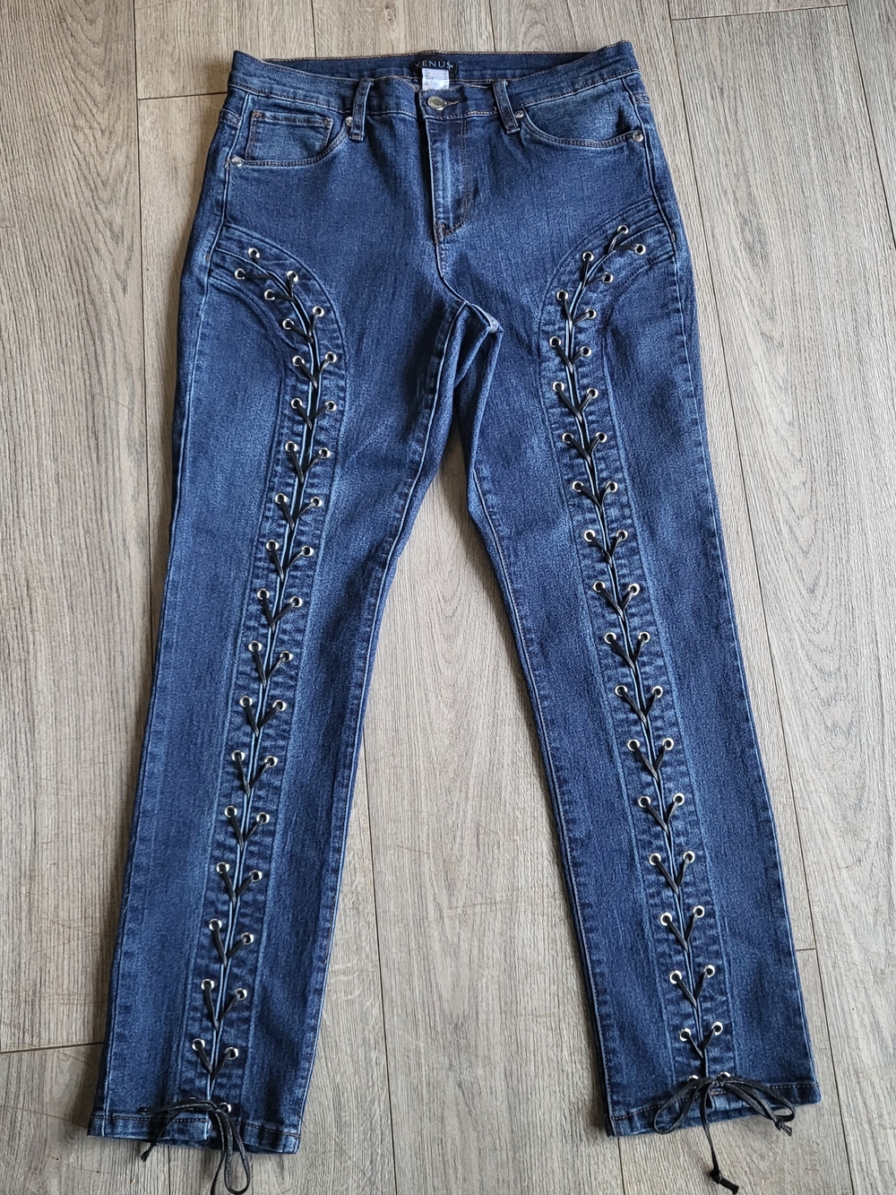 Venus Fame Denim Jeans Laced Leg Criss Cross Detail Sexy Rocker Boho Biker Sz 10